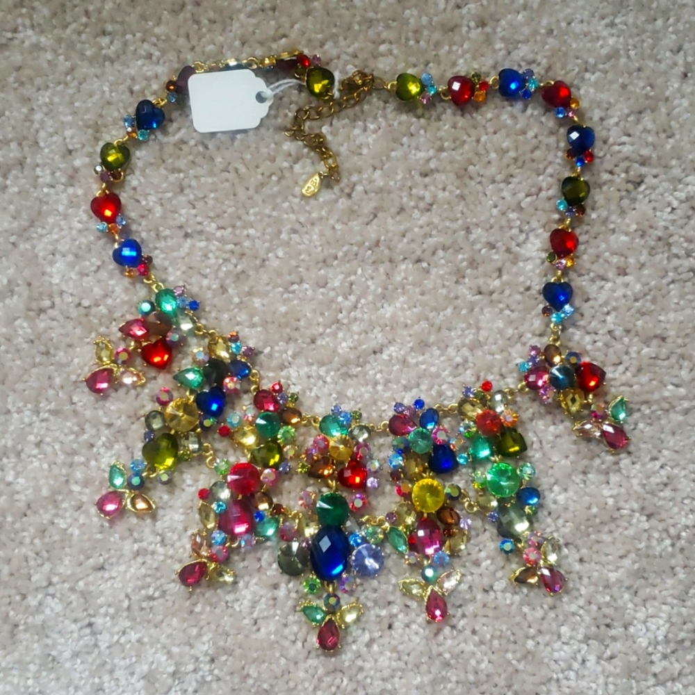 Rainbow bejeweled fashion statement necklace